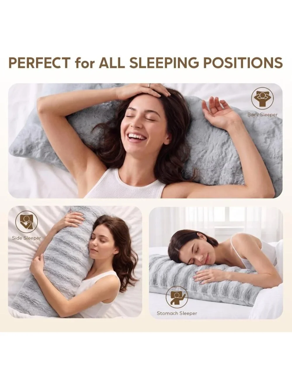 〽️Premium Large Body Pillow Faux Rabbit Cover Long Bed Pillow Grey 20x54inch